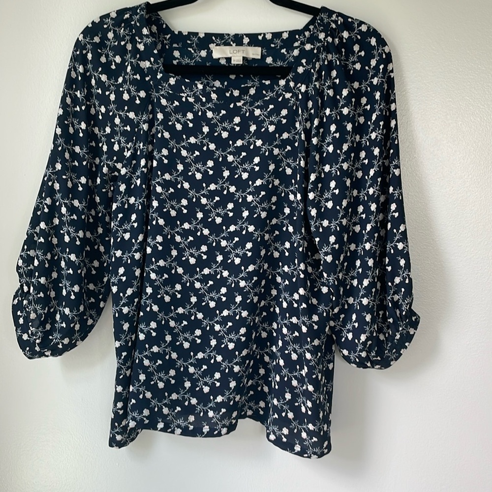 Loft petites Blue floral print blouse with square neck size SP